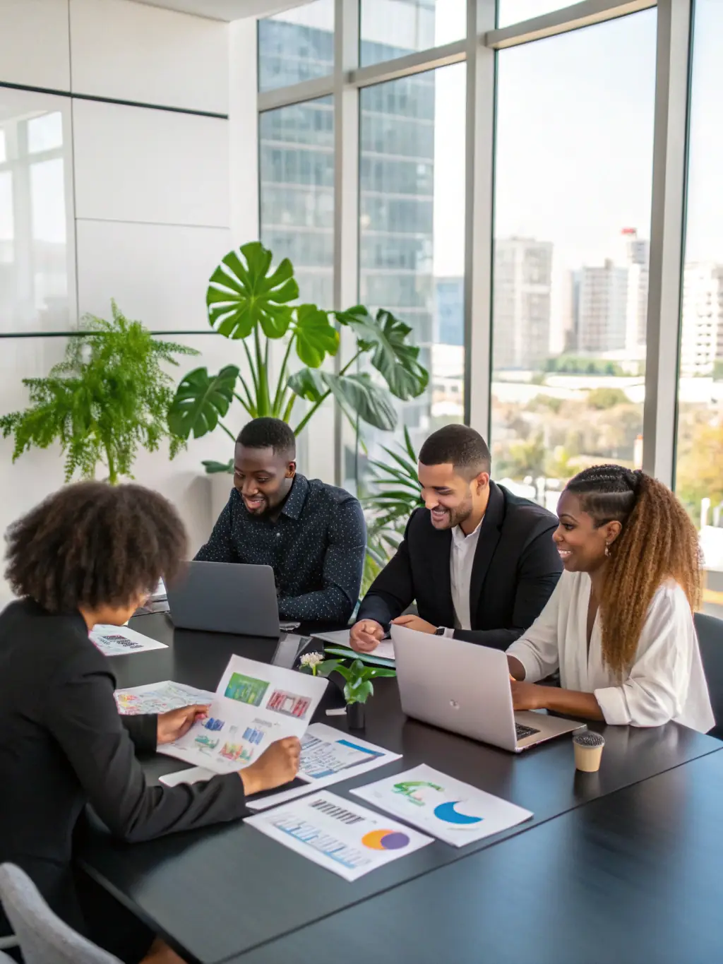 A professional team collaborating on a digital marketing strategy in a modern office setting, with charts and data visualizations displayed on large screens.
